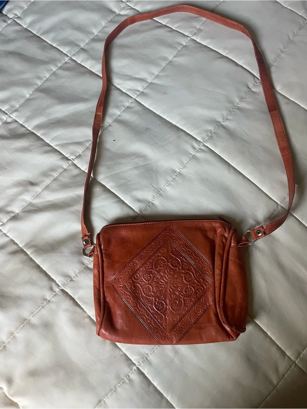 Genuine Leather|| Made in Morrocco|| Embossed Leather Crossbody Bag in Rust